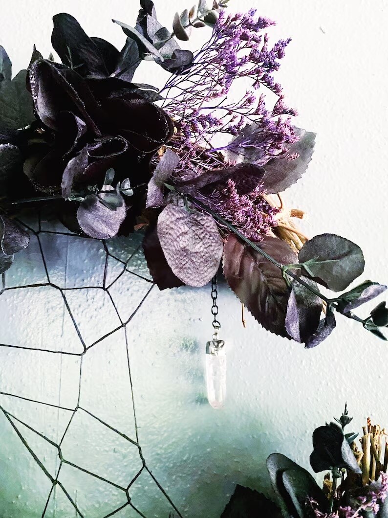Magical Crystal Black flower Crescent Moon Wreath, cleansing clear