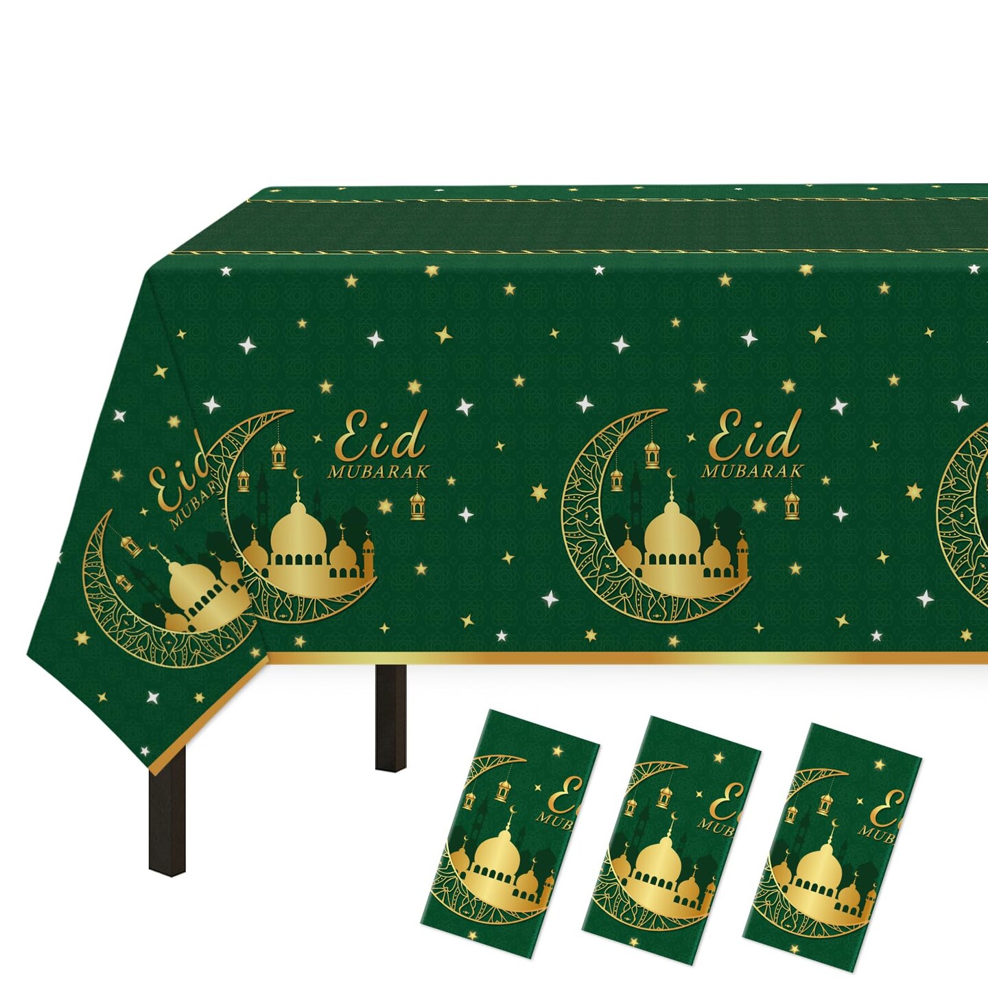 Childom 3 Pack Ramadan Mubarak Tablecloths for Eid Mubarak Decorations, 54&#x22; x 108&#x22; Plastic Disposable Happiness Ramadan Eid Al-fitr Party Table Covers for Rectangle Tables Ramadan Party Favors(Green)