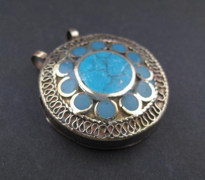 TheBeadChest Turquoise Blue Inlaid Afghani Silver Pendant Afghanistan White Metal Large Hole