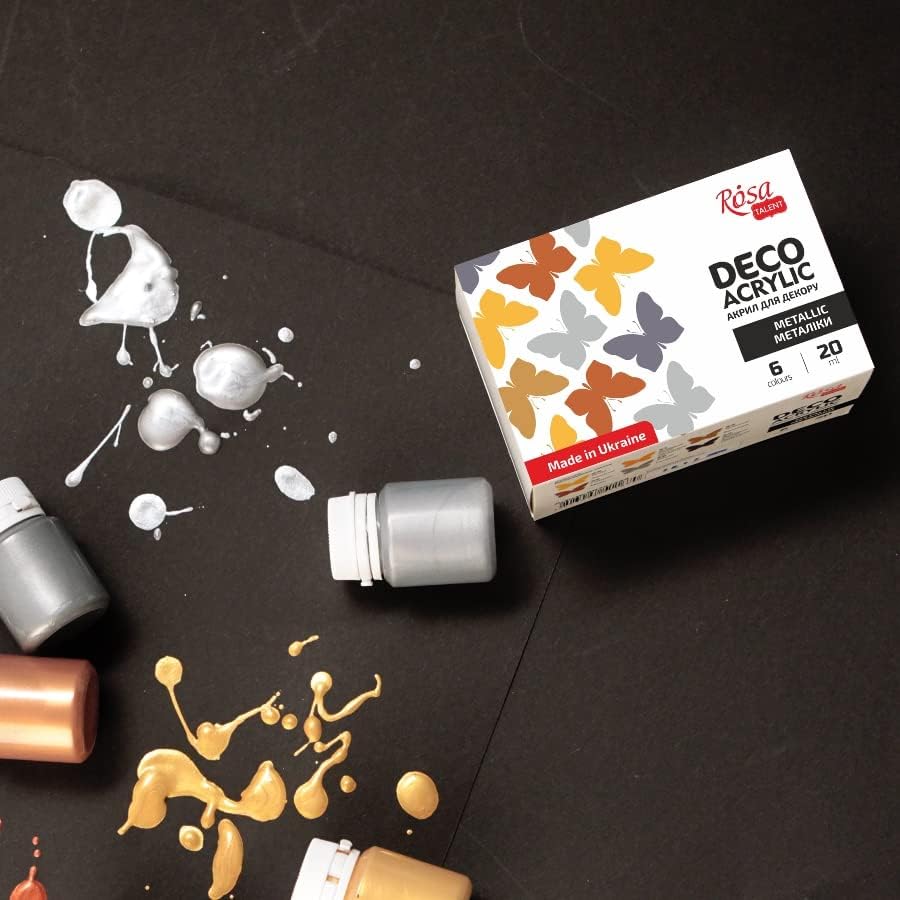 Metallic Decorative Acrylic Paint Set, 6 colors (20ml each) by Rosa Start