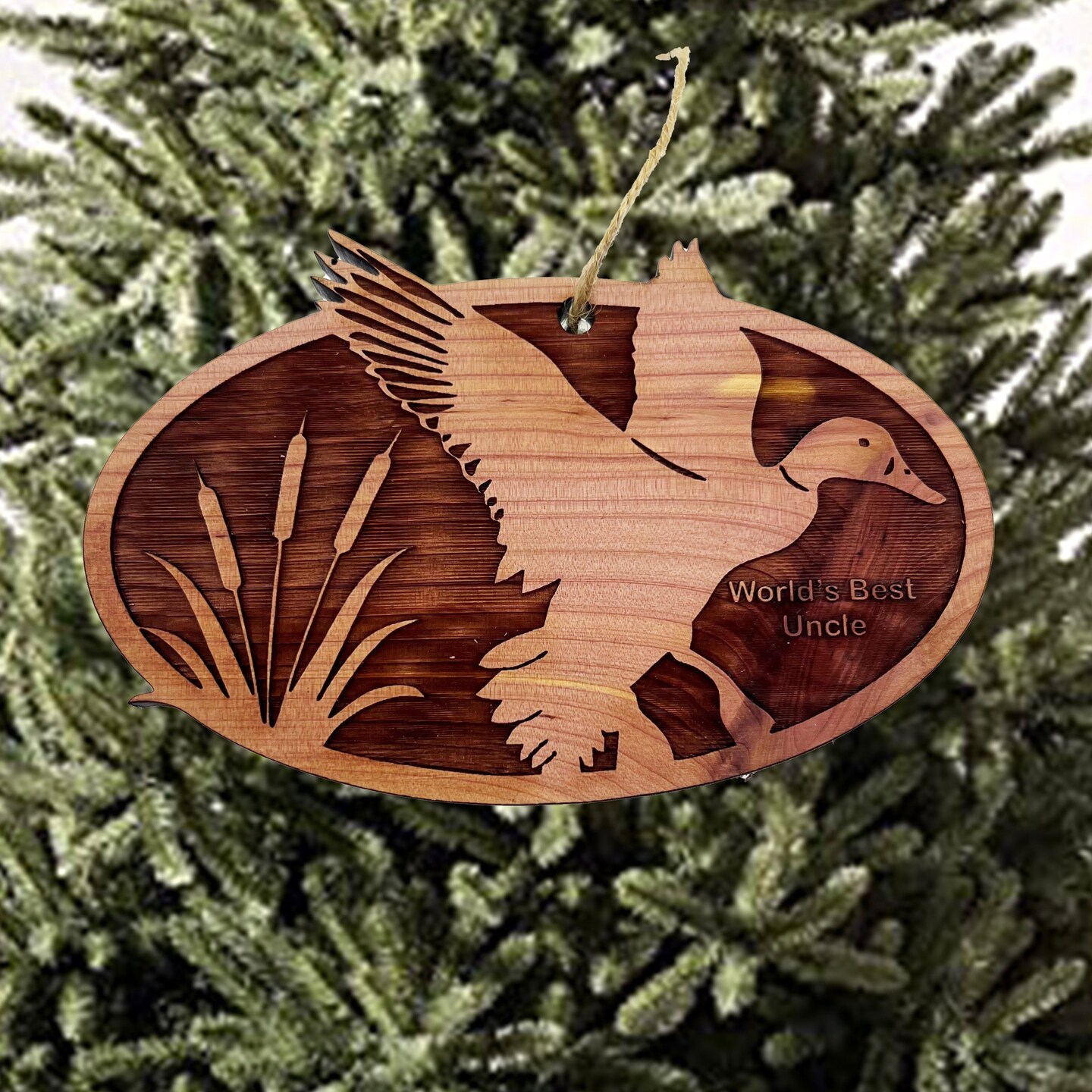 Flying Duck Worlds Best Uncle - Cedar Ornament Flying Duck Worlds Best Uncle - Cedar Ornament