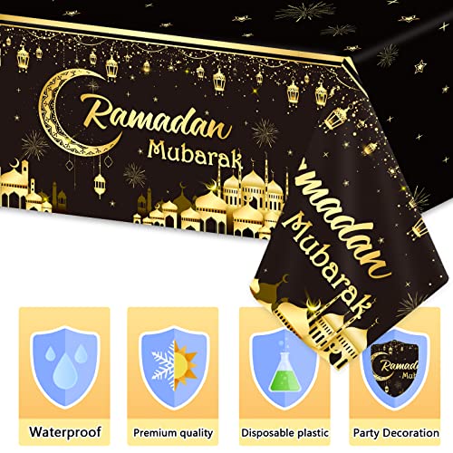 3 Pieces Ramadan Mubarak Tablecloths Eid Mubarak&#xA0;Party Table Decorations Ramadan Kareem Party Decorations Supplies Black and Golden&#xA0;Rectangle&#xA0;Table&#xA0;Cover&#xA0;for Eid Al-fitr Dinning Room Party Favors