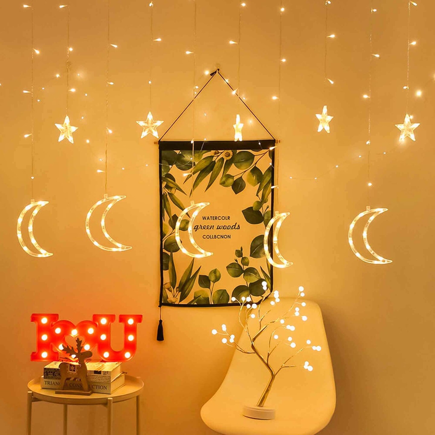 FUNPENY Star Moon Curtain String Lights, 138 LED Window Lights with Remote Control, Warm White Fairy Lights with 8 Modes for Indoor, Wedding, Party, Bedroom, Patio Lawn, Ramadan Decorations