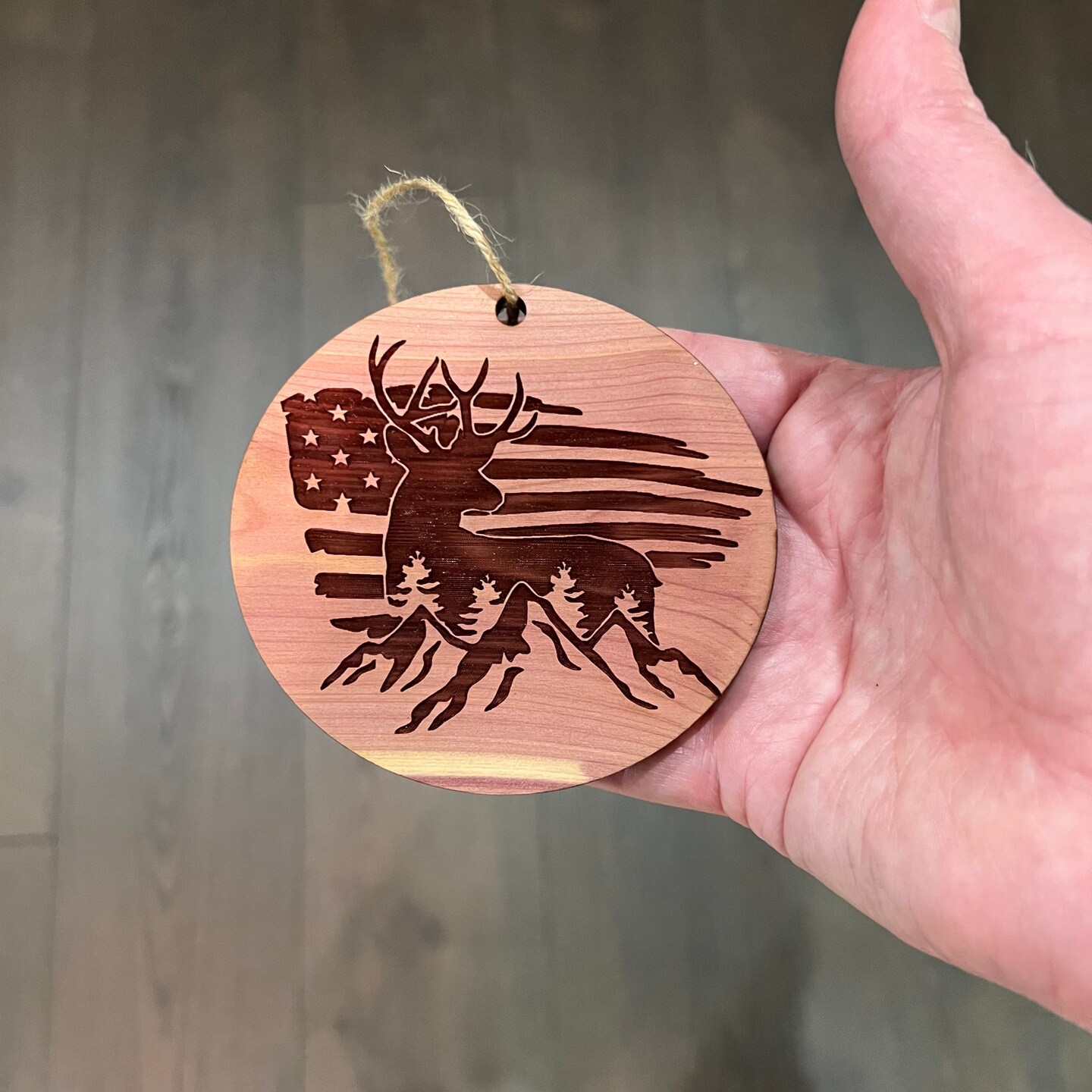 American Deer Flag - Cedar Ornament American Deer Flag - Cedar Ornament