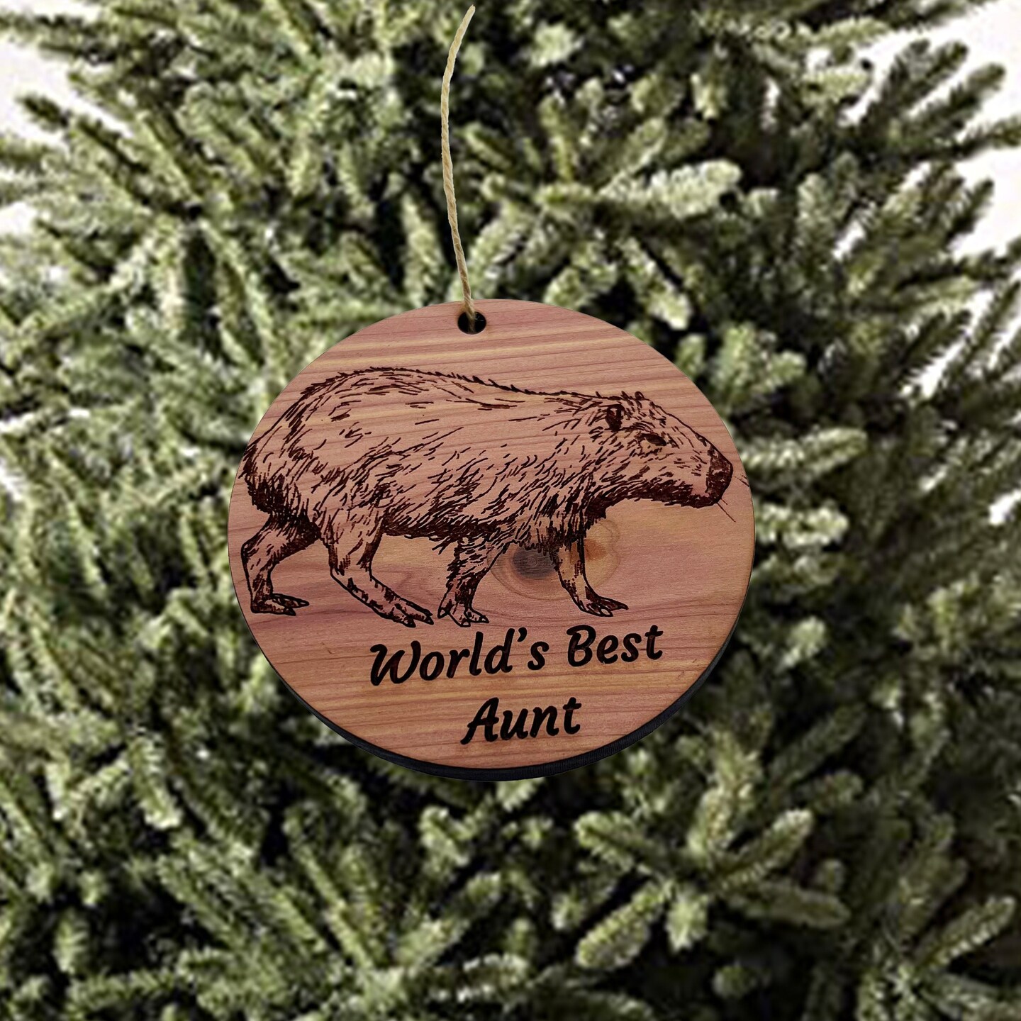Worlds Best Aunt Capybara - Cedar Ornament Worlds Best Aunt Capybara - Cedar Ornament