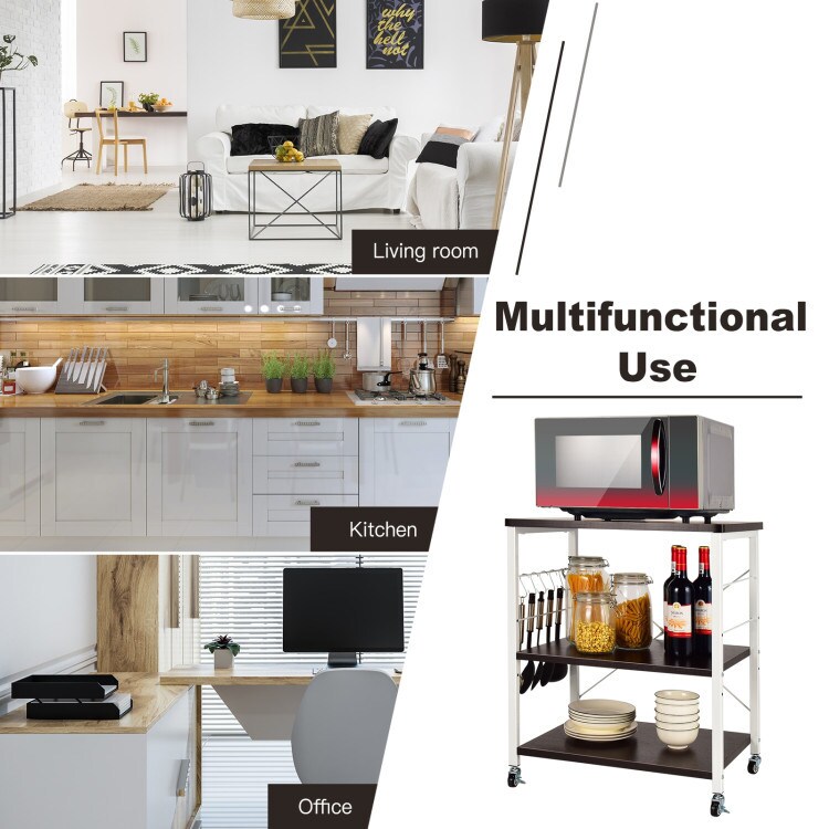 Kitchen Helper Oven Storage Cart 3-Tier Kitchen Baker&#x27;s Rack With Hooks