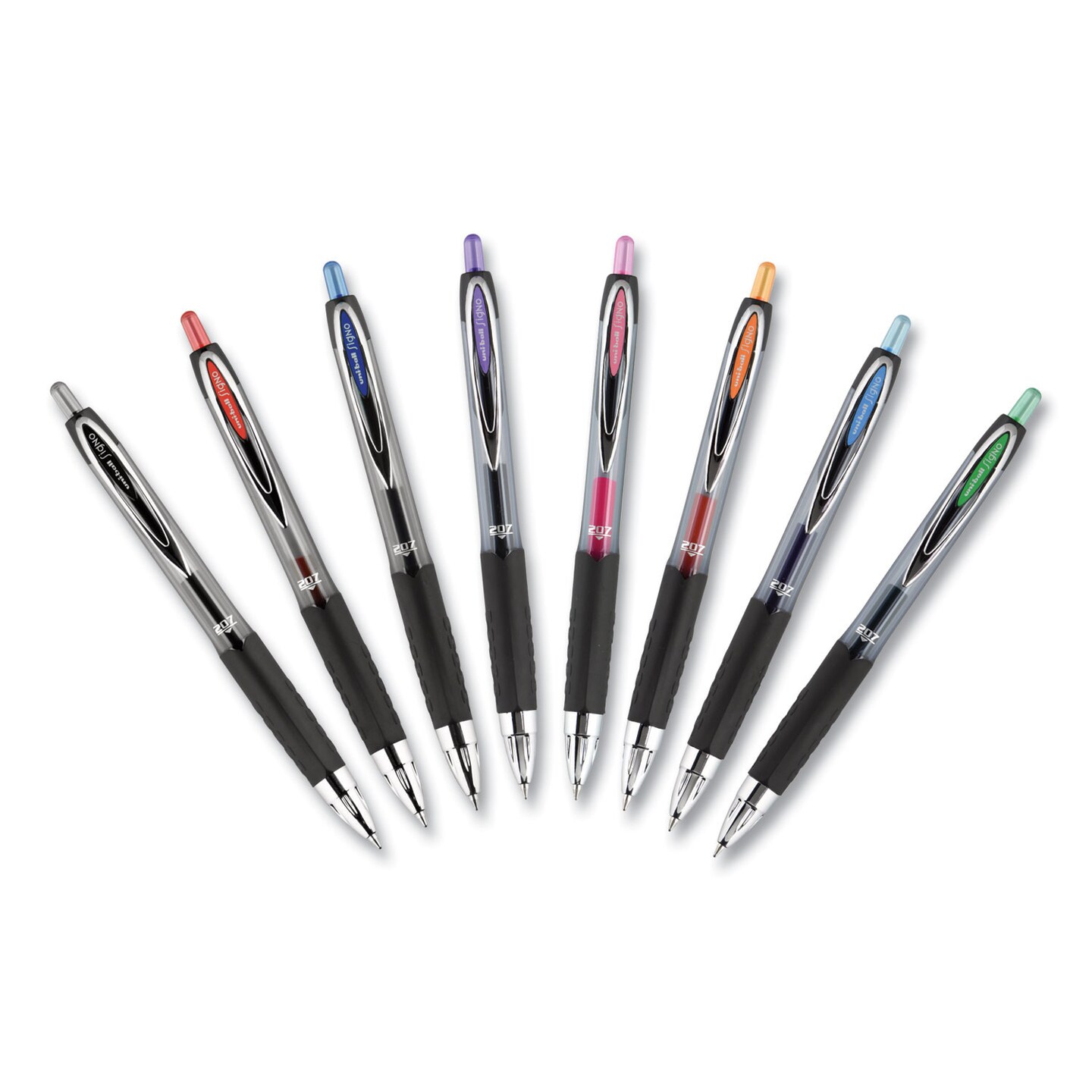 Uni-Ball Signo 207 Gel Pen, Retractable, Medium 0.7 mm, Black Ink, Translucent Black Barrel, 8/Pack