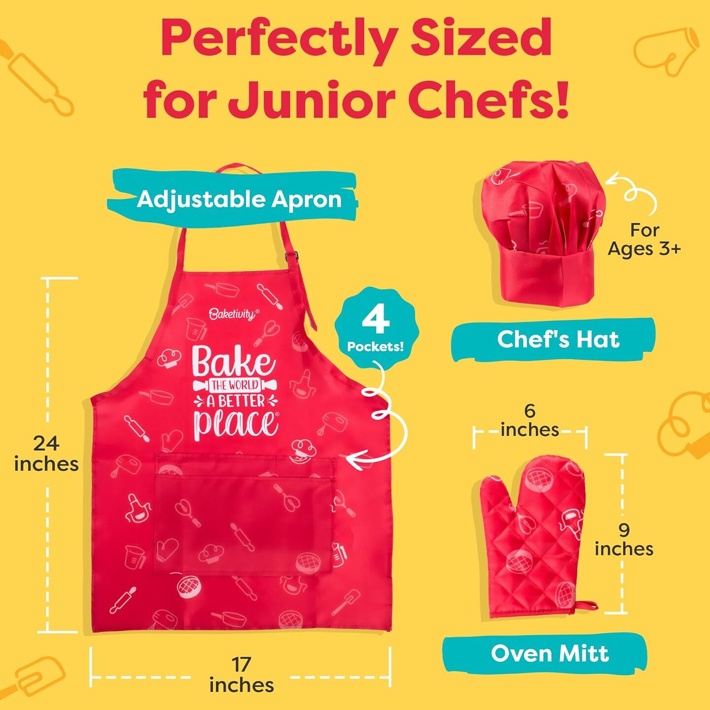 Baketivity Kids Chef Hat and Apron Set for Boys &#x26; Girls - One Size Fits All (Adjustable) - Premium, Washable Kids Apron and Chef Hat Set for Cooking - Young Chefs &#x26; Junior Bakers Chef Outfit for Kids