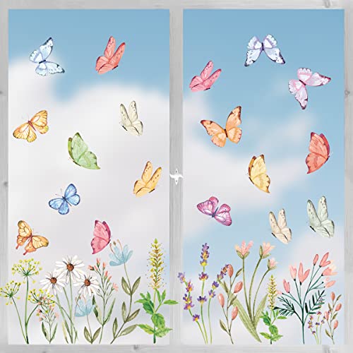 50 Pieces Spring Summer Window Cling Sticker, Watercolor Wild Flowers Butterfly Floral for Home Party Supplies Shop Window Glass Display Decoration