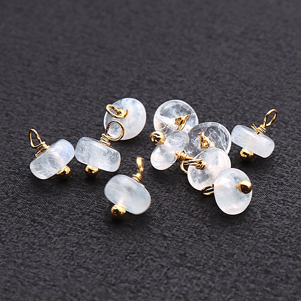 Raw Gemstone Charms, Round 6x4mm Natural Connector, Gold Plated Wire Wrapped, DIY Jewelry, 10pc Lot, GemMartUSA (50150)