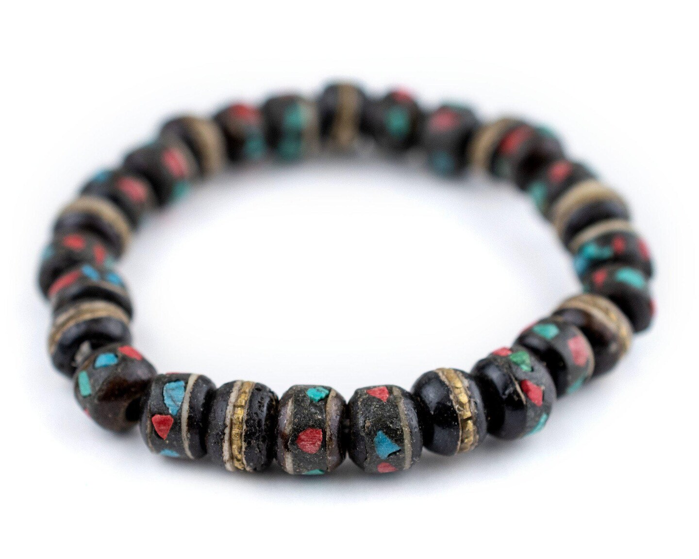TheBeadChest Mala Stretch Bracelet, Black - Stackable Nepal Bone Inlaid with Turquoise &#x26; Coral Colors, 100% Authentic and Genuine
