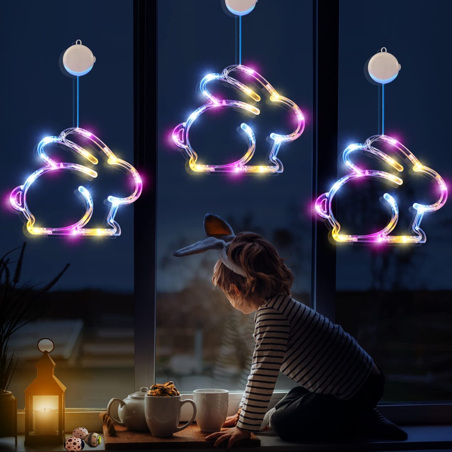 LOLStar Easter Window Lights, 3 Pack Easter Bunny Shaped Multicolor Battery Operated Hanging String Lights with Suction Cup, for Easter Window Decorations, Indoor, Home, Farmhouse Decor