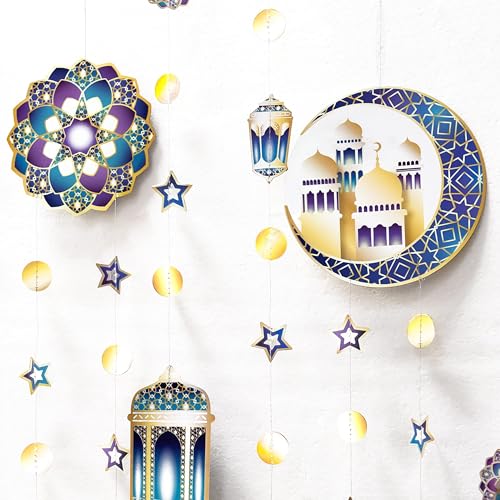 Purple Blue Gold Ramadan Mubarak Garland Kit Lantern Crescent Moon Star EID Party Decoration Hanging EID Banner Streamer Decorations Islamic Birthday Bday Wedding Party Supplies