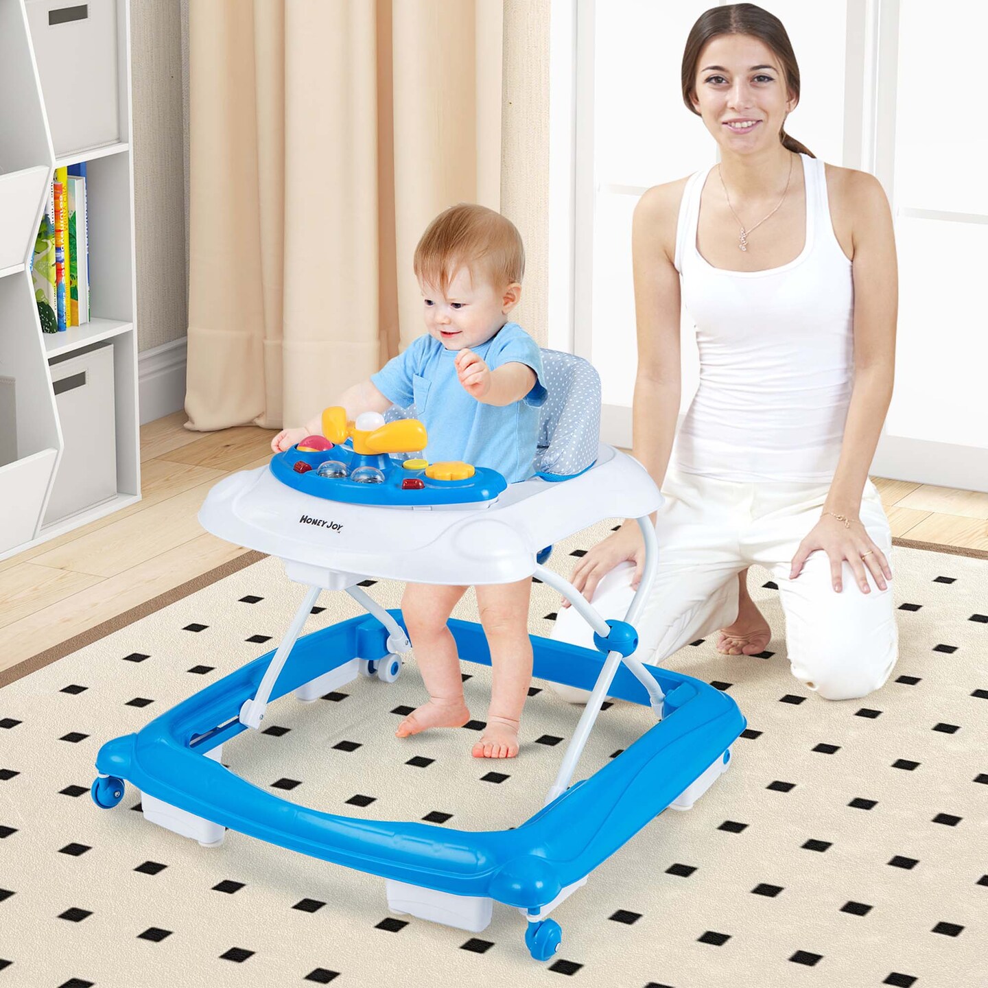 Honeyjoy Foldable Baby Walker with 3 Adjustable Heights Comfy Padded Seat Music Tray Blue/Green/Grey/Pink