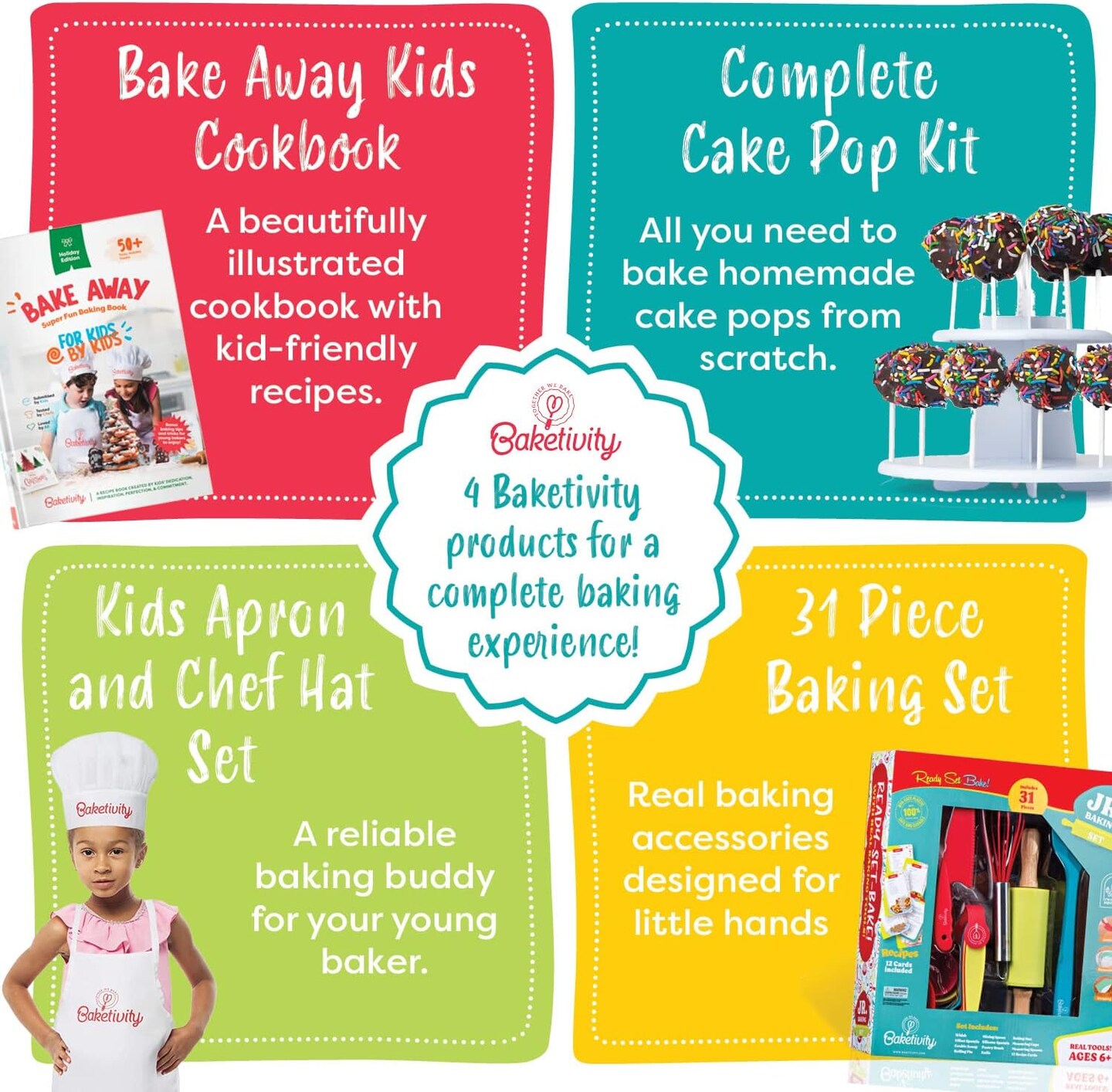 Baketivity 4 in 1 Kids Baking Set Mega Kit - Cake Pop Kit with Stand - Kids Apron and Chef Hat Set - Bake Away Kids Cookbook - Kids Cooking Sets Real Utensils - Kids Baking Kit Gifts for Girls &#x26; Boys