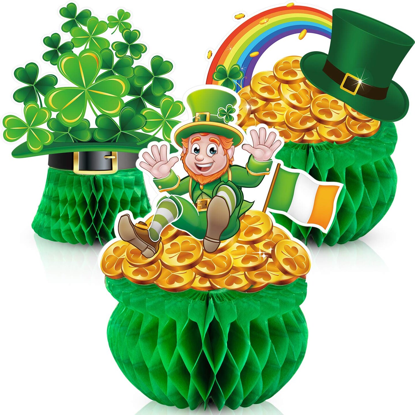 3 Pieces St Patrick Honeycomb Decoration, Cute Pot-O-Gold Centerpiece Shamrock Leprechaun Tissue Irish Clover Paper Table Topper for Saint Patrick Party Accessory 7.87-8.6 inch