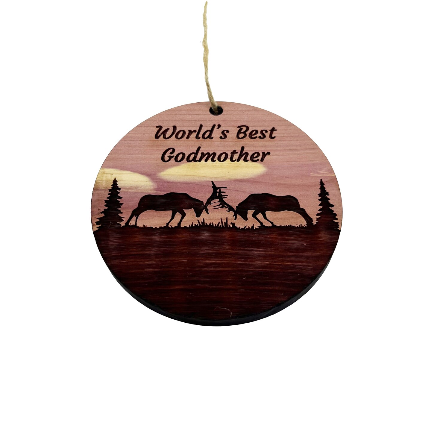 Worlds Best Godmother Elk Battle - Cedar Ornament Worlds Best Godmother Elk Battle - Cedar Ornament