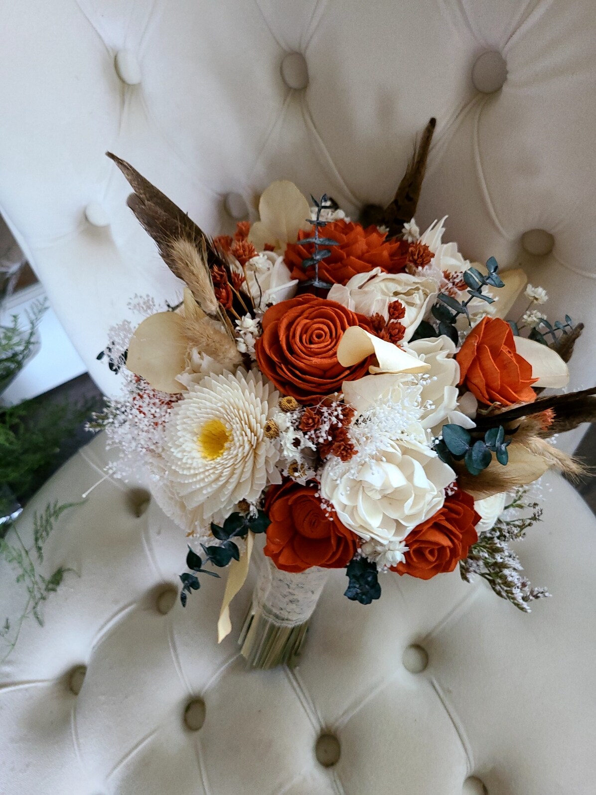 Boho Burnt Orange Fall Wedding Bouquet, Wooden Flower Bridal Bouquet product 2
