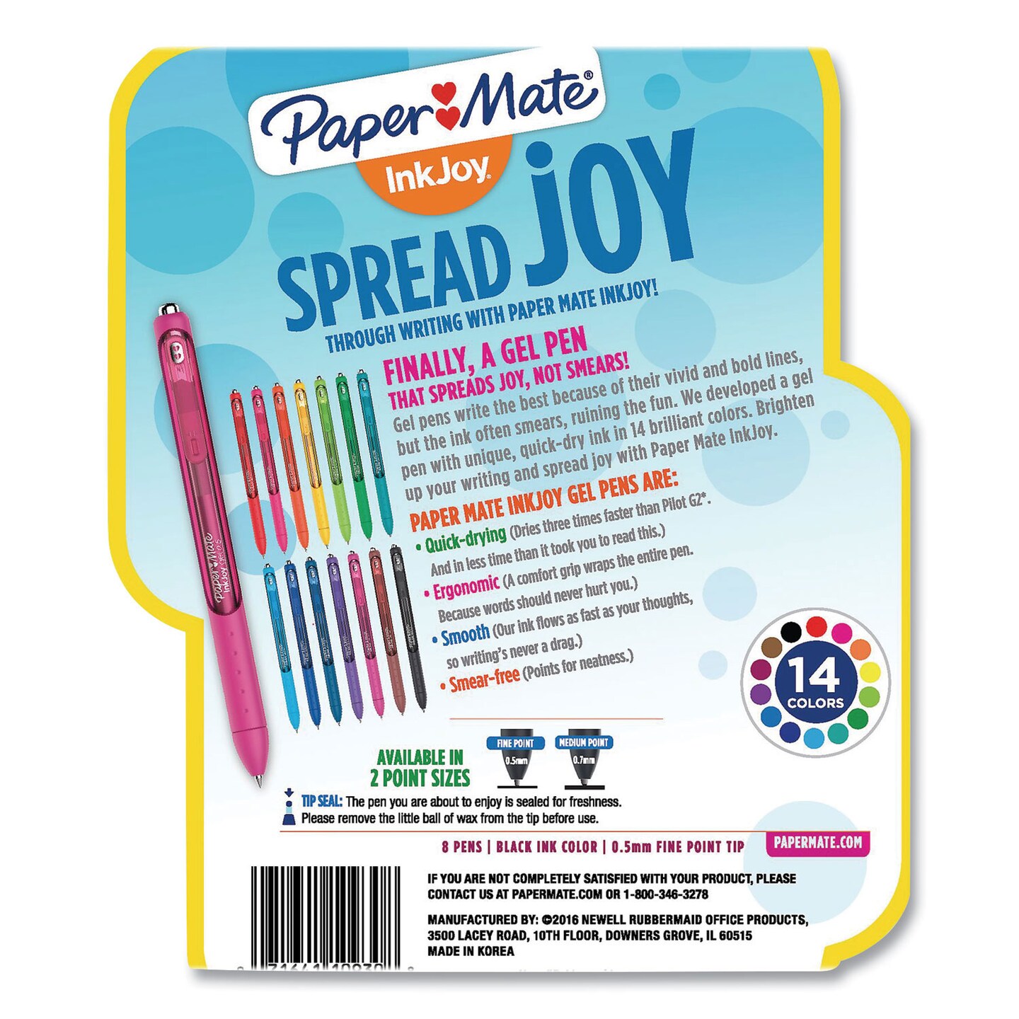 Papermate InkJoy Gel Pen, Retractable, Fine 0.5 mm, Black Ink, Black Barrel, 8/Pack