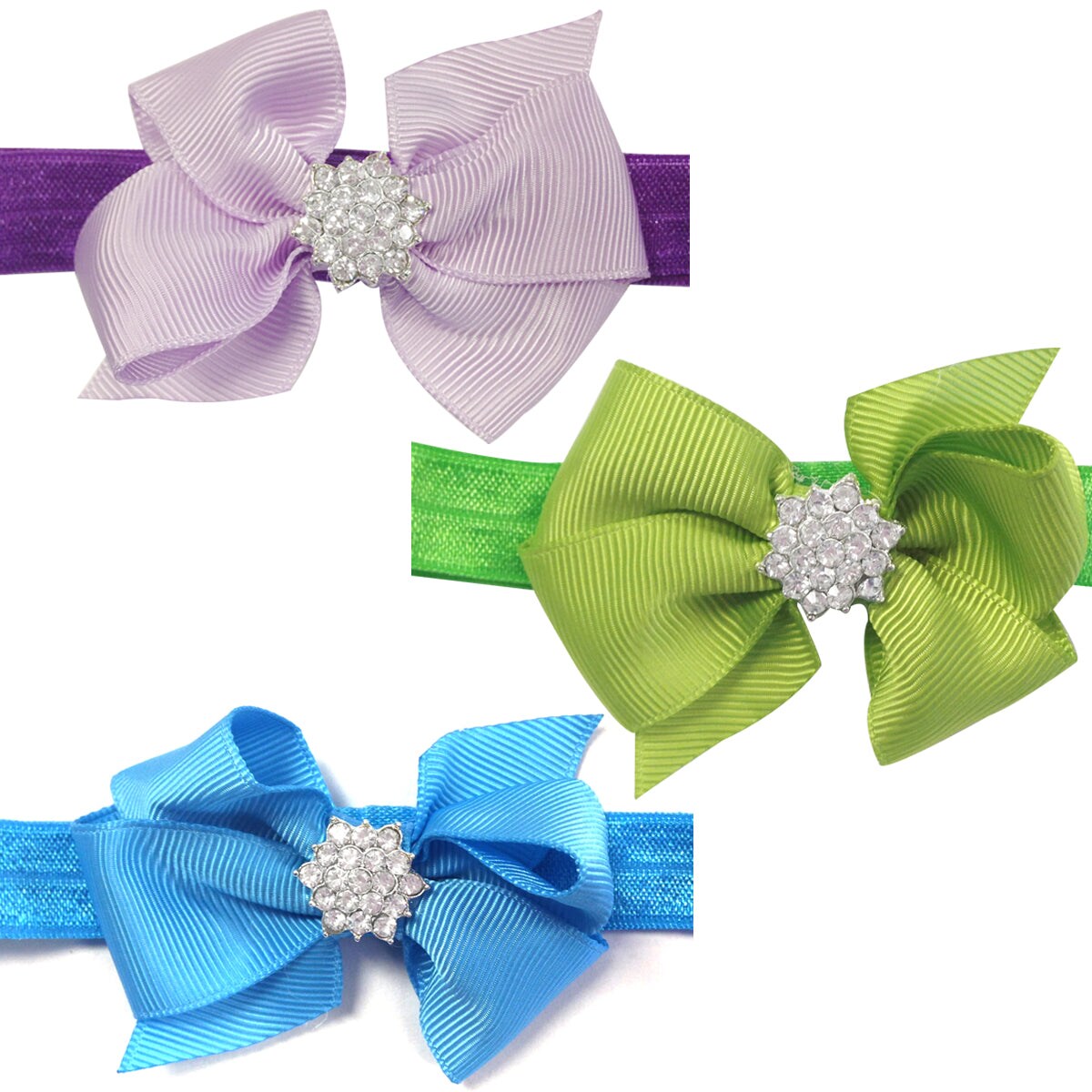 Wrapables Ribbon Bow with Rhinestone Button Center Stretchy Headband, Set of 12