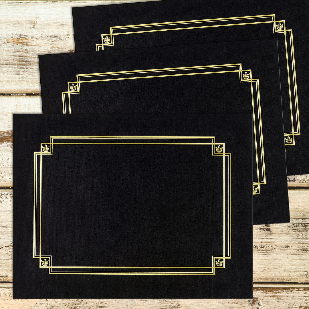 Great Papers! Linen Certificate Cover with Gold Foil Crest, Black, 12&#x22; x 9.375&#x22;(folded) with Die-Cuts for 8.5&#x22; x 11&#x22; Documents, 3 Count