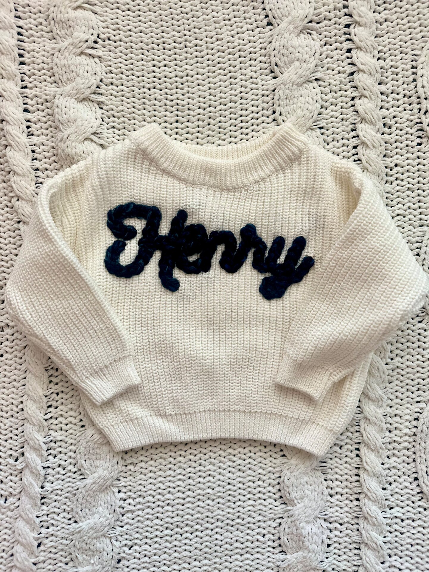 Personalized name sweater | hand embroidered | baby, toddler, kids | store chunky knit sweater Active