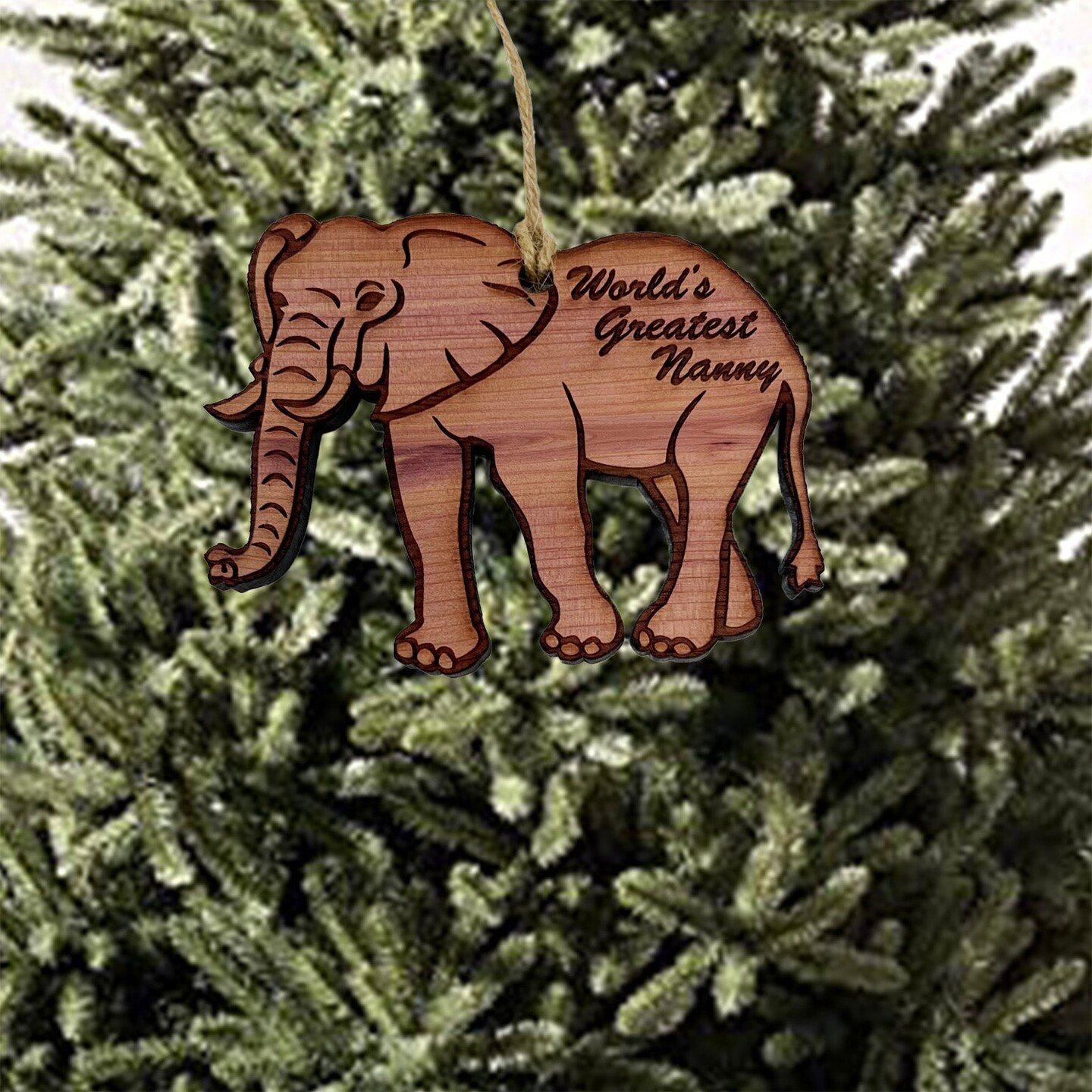 Elephant Worlds Greatest Nanny - Cedar Ornament Elephant Worlds Greatest Nanny - Cedar Ornament