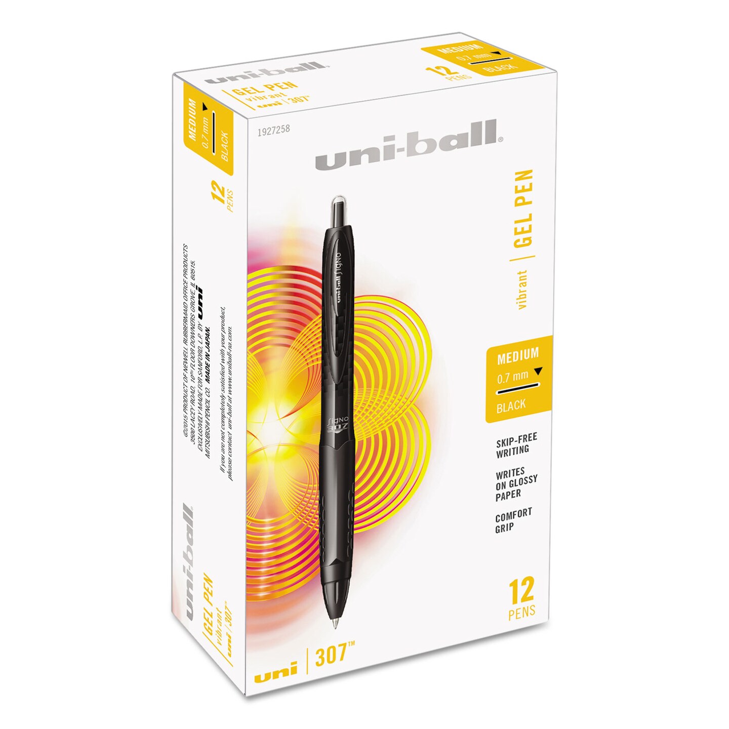 Uni-Ball 307 Retractable Gel Pen, Medium 0.7mm, Black Ink/Barrel, Dozen