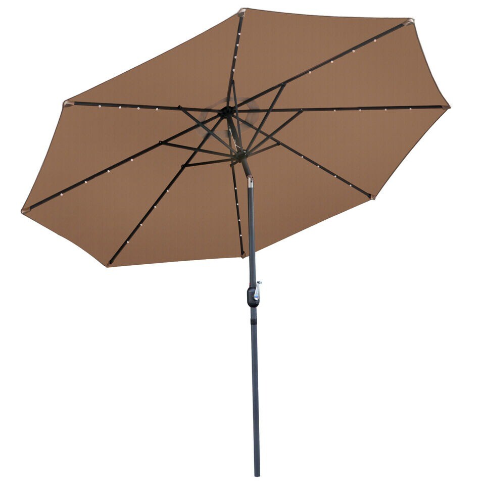 10FT Patio Solar Umbrella LED Patio Market Steel Tilt W/ Crank Outdoor Sun Shade-Tan