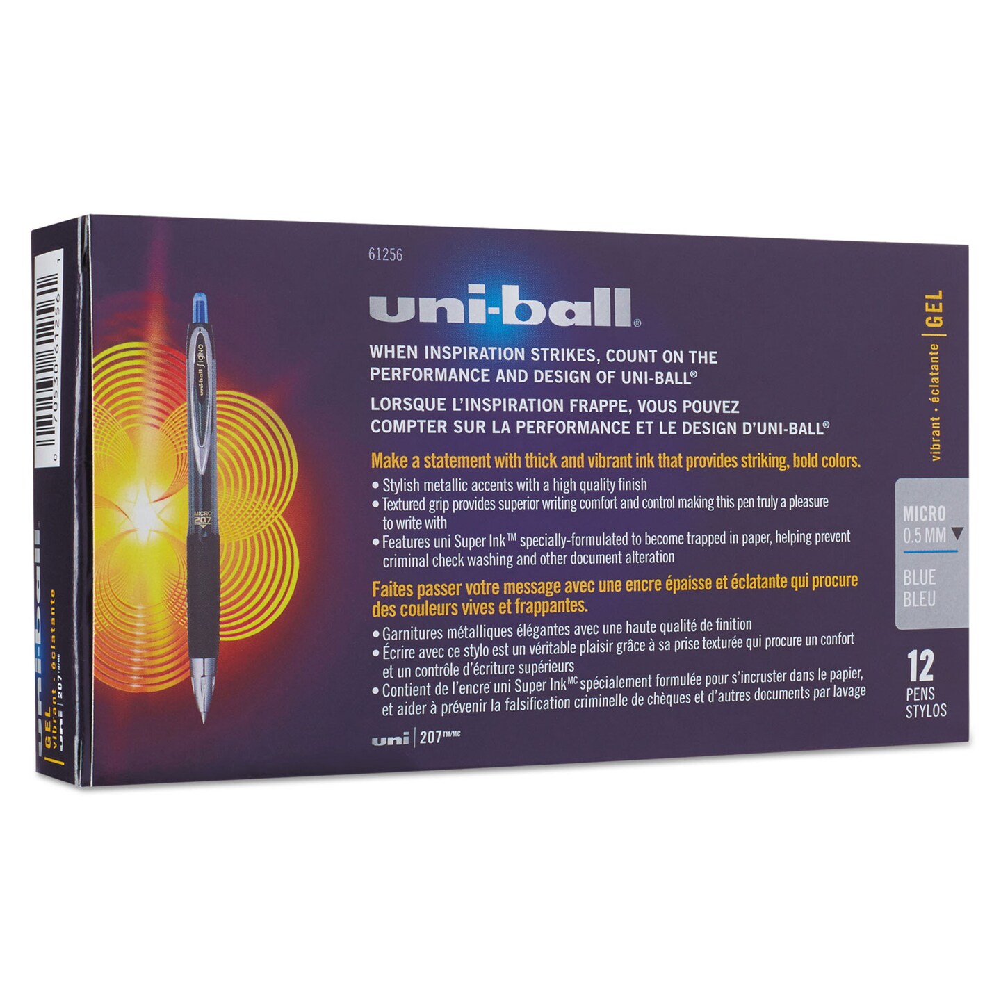 Uni-Ball Signo 207 Retractable Gel Pen, Micro 0.5mm, Blue Ink, Smoke/Black/Blue Barrel, Dozen