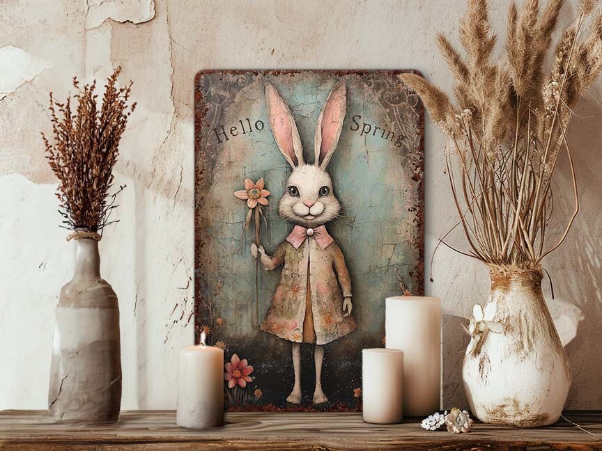 Easter Decor - Primitive Decoration Vintage Bunny Metal Art Sign Mantle  Display Picture - Indoor Outdoor Safe - Hello Spring Dress Bunny