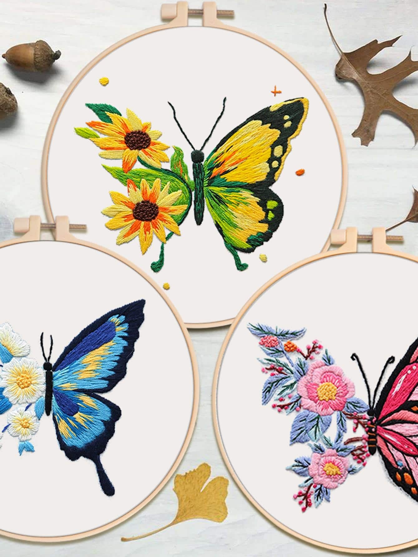 3 Sets Embroidery Starter Kit with Butterfly Flower Pattern Perfect