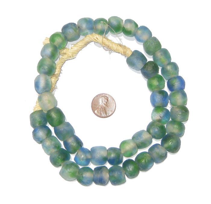 TheBeadChest African Recycled Glass Beads, Strand, For Jewelry Making, Home Decor, Handmade in Ghana (14mm, Blue Green Swirl)