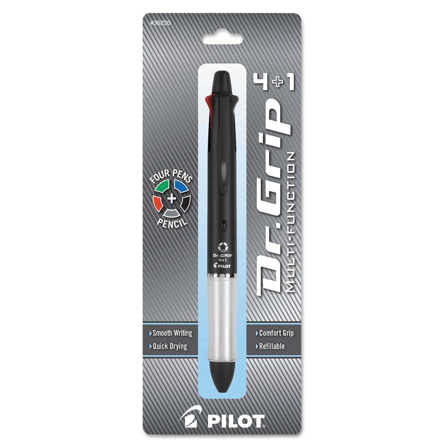 Pilot Dr. Grip 4 + 1 Retractable Ballpoint Pen/Pencil, BK/BE/GN/Red Ink, Black Barrel