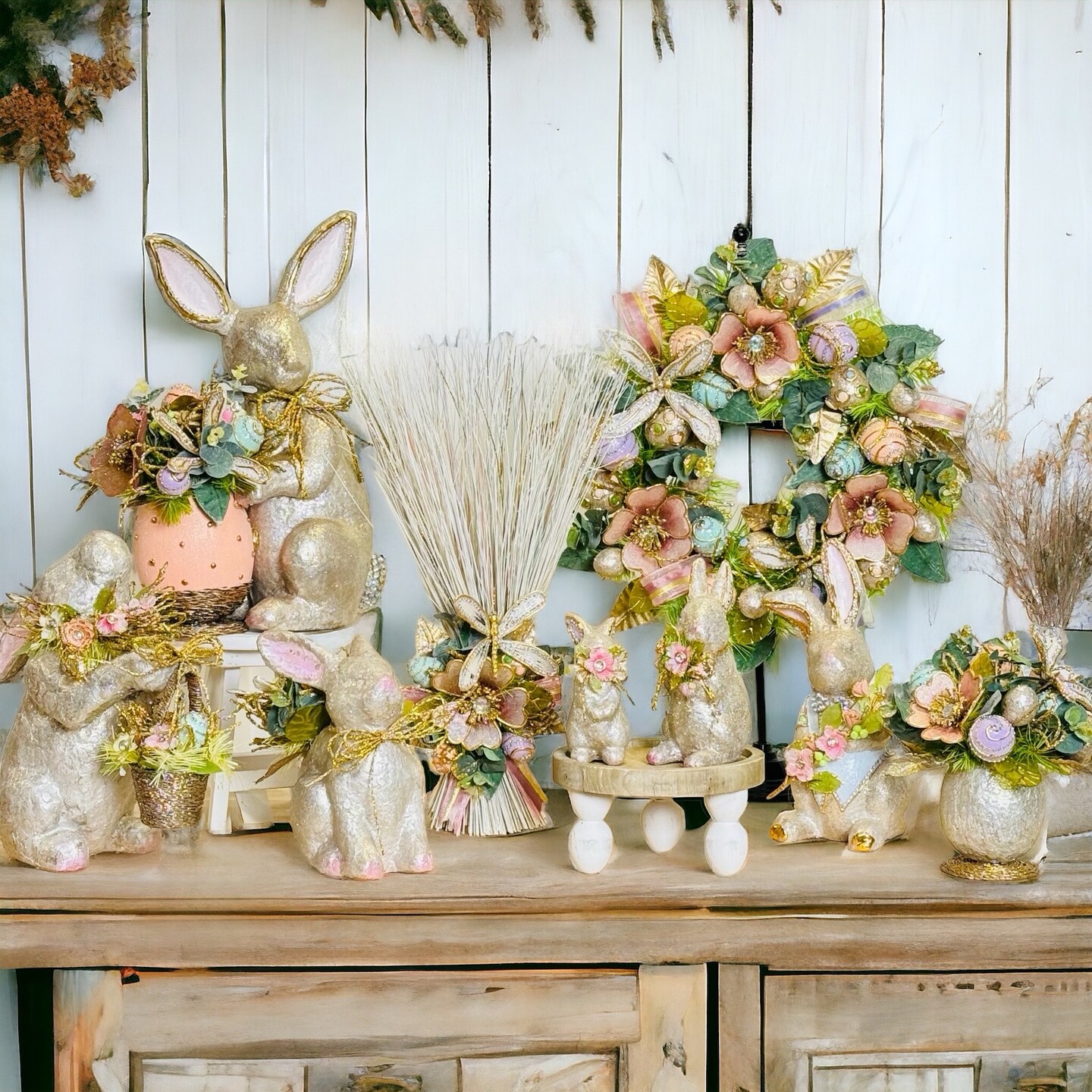 Easter Decorations - Easter Elegant Buuny with Floral Pot Handcrafted