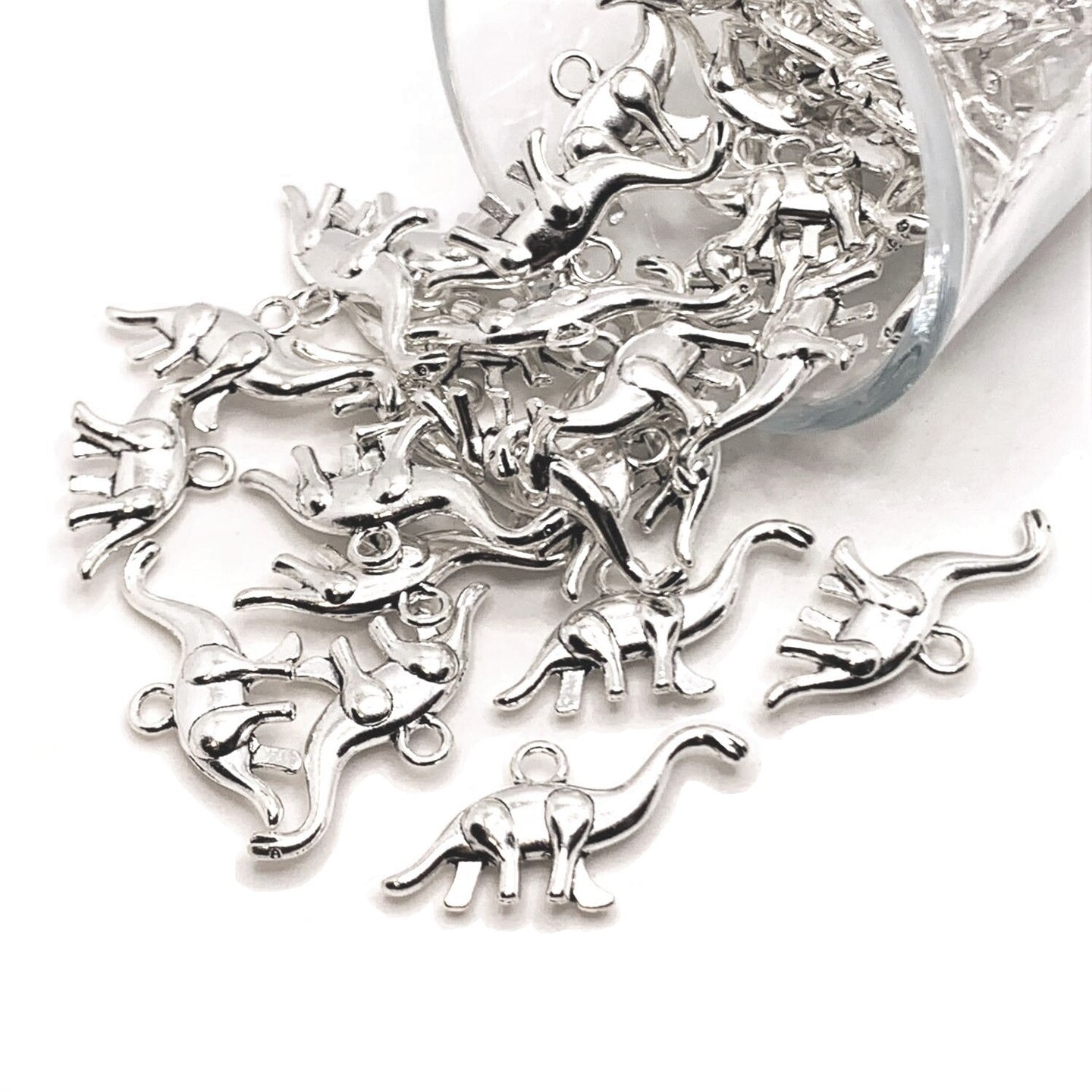 4, 20 or 50 Pieces: Silver Brontosaurus Dinosaur Charms - Double Sided