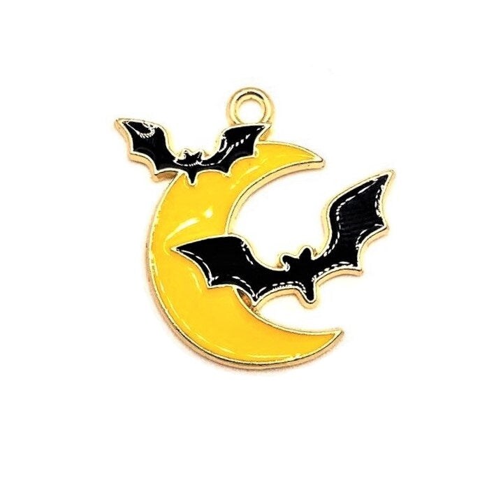 4, 20 or 50 Pieces: Enamel Crescent Moon and Bat Halloween Charms