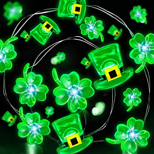 40LED Shamrocks Leprechaun Hat Lights St. Patrick's Day Decorations 10Ft Green Lucky Clover Fairy String Lights Battery Power Irish St.Patrick's Decoration Indoor Outdoor Home(Hat Shamrocks)