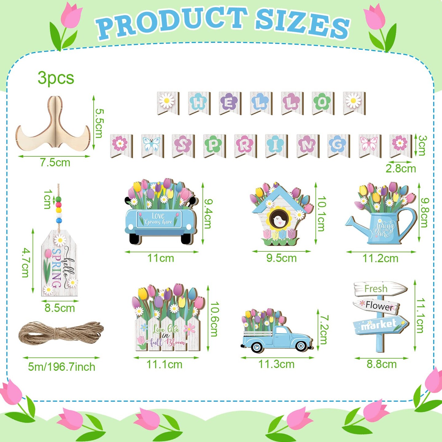 Hello Spring Tiered Tray Decor Tulips Table Wooden Sign Decorations Flower Market Tabletop Rustic Farmhouse Decor for Spring Holiday Party Home Kitchen (Tulip Style)