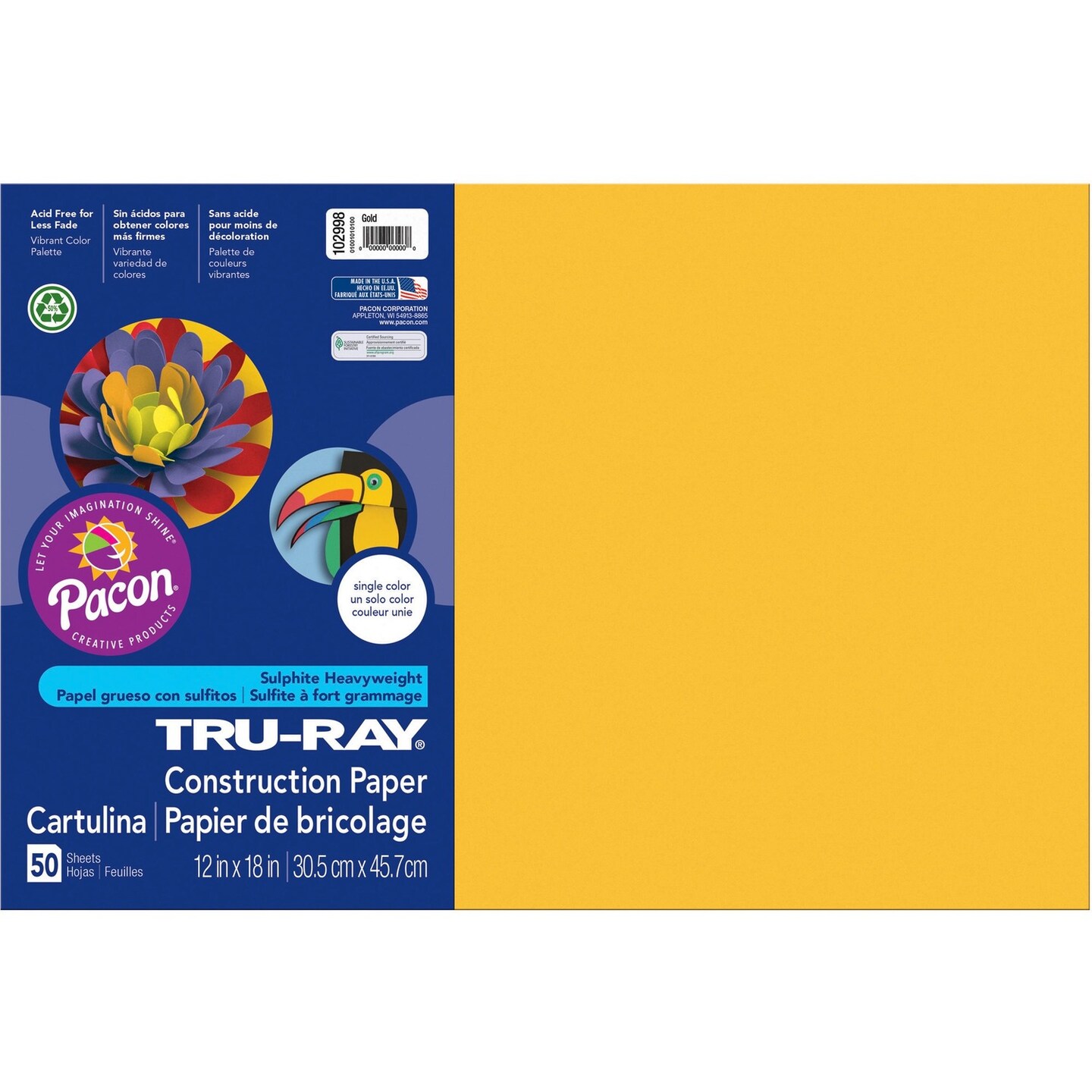 Pacon Tru-Ray Construction Paper, 76 lbs., 12 x 18, Gold, 50 Sheets/Pack