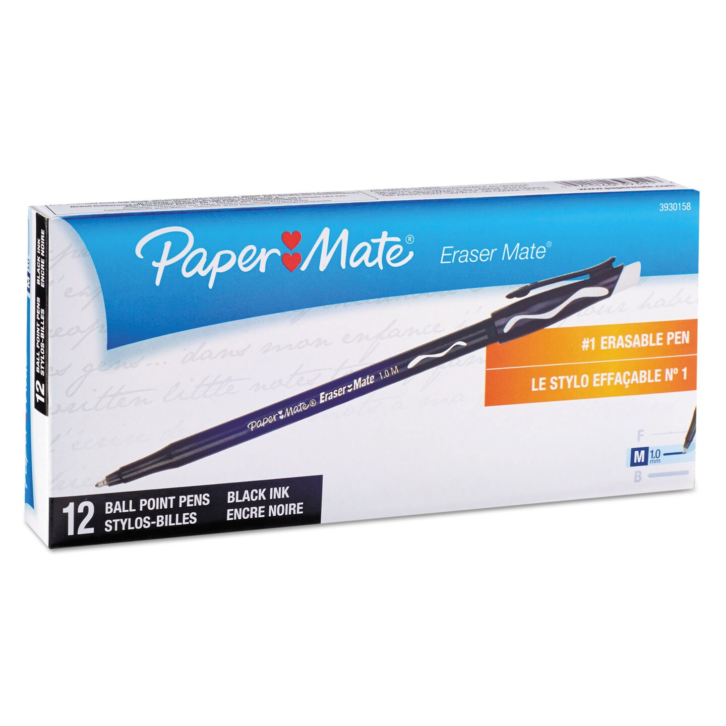 Papermate Eraser Mate Stick Ballpoint Pen, Black Barrel/Ink, Med Pt, 1.0 Mm