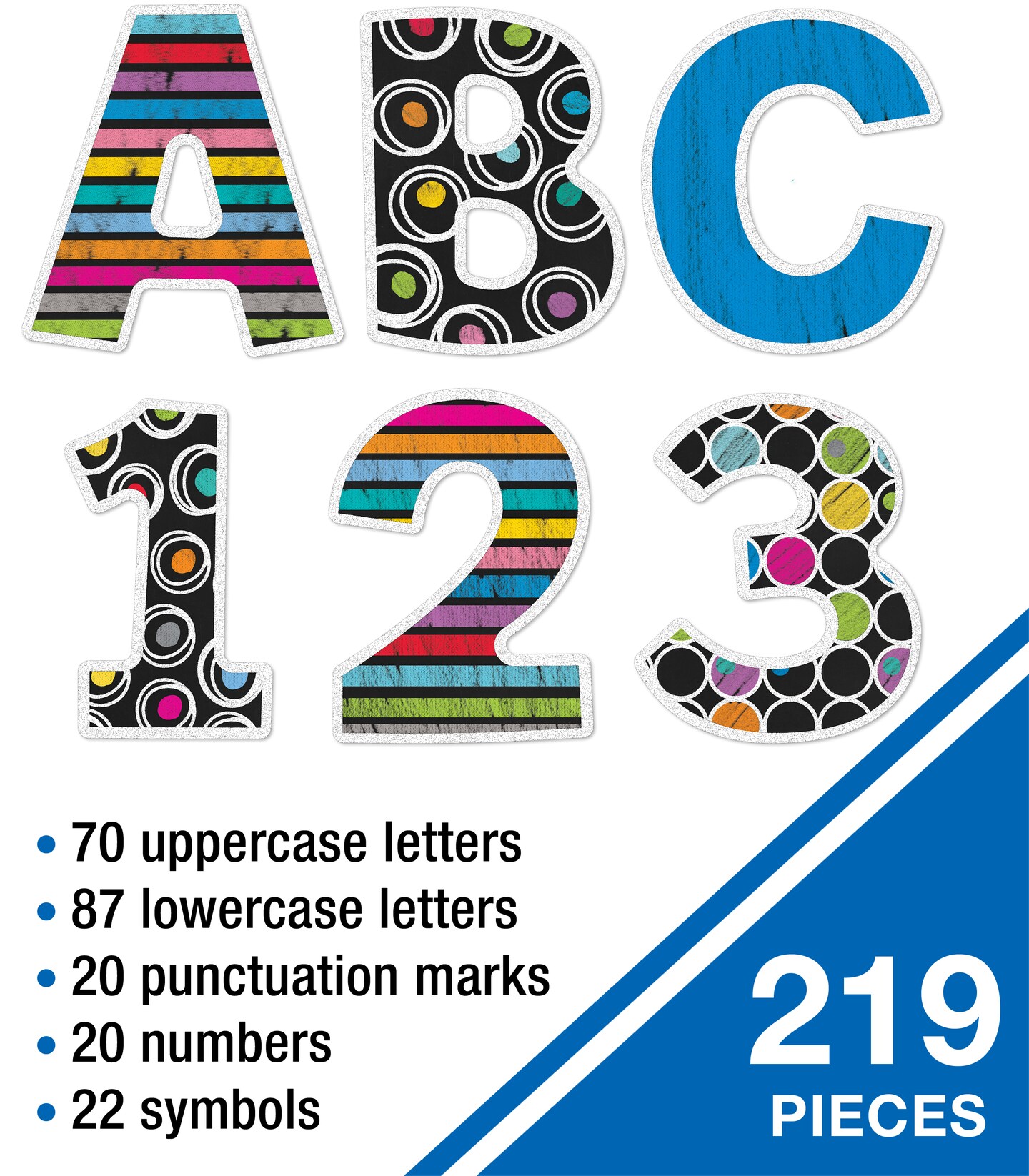 Carson Dellosa 219-Piece 4 Inch Colorful Chalkboard Cutout Letters for Bulletin Boards, Numbers, Punctuation &#x26; Symbols, Multi-Pattern Bulletin Board Letters, Classroom Letters for Bulletin Board