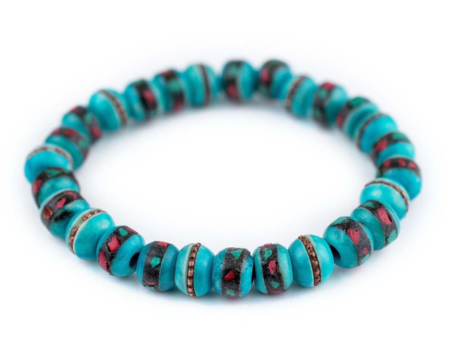 TheBeadChest Mala Stretch Bracelet, Turquoise Blue - Stackable Nepal Bone Inlaid with Turquoise &#x26; Coral Colors, 100% Authentic and Genuine