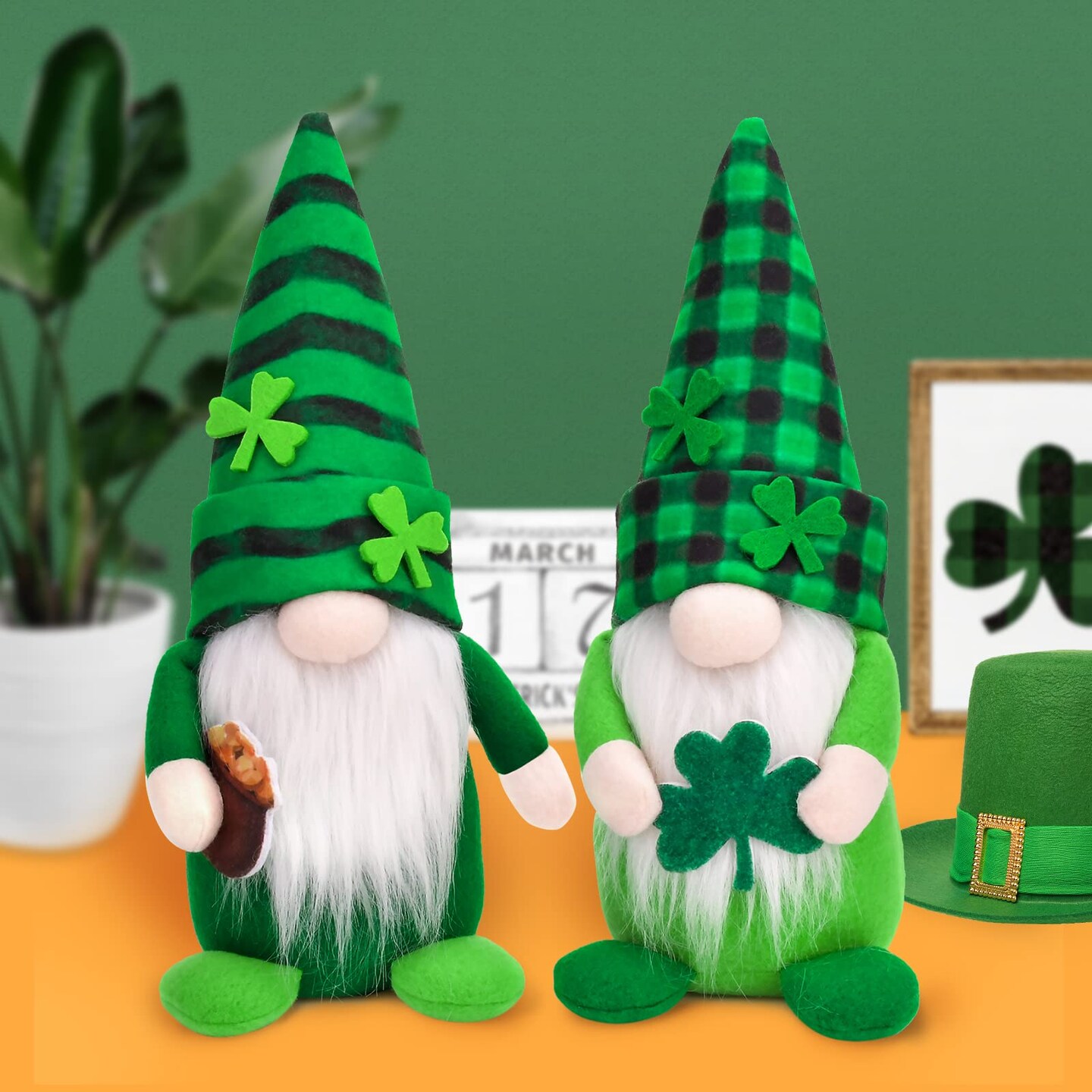 St Patricks Day Gnomes Decorations, 2 Pack Gnomes Plush Lucky Green Shamrock Home Table Decor Ornaments for Irish Saint Patrick&#x27;s Day