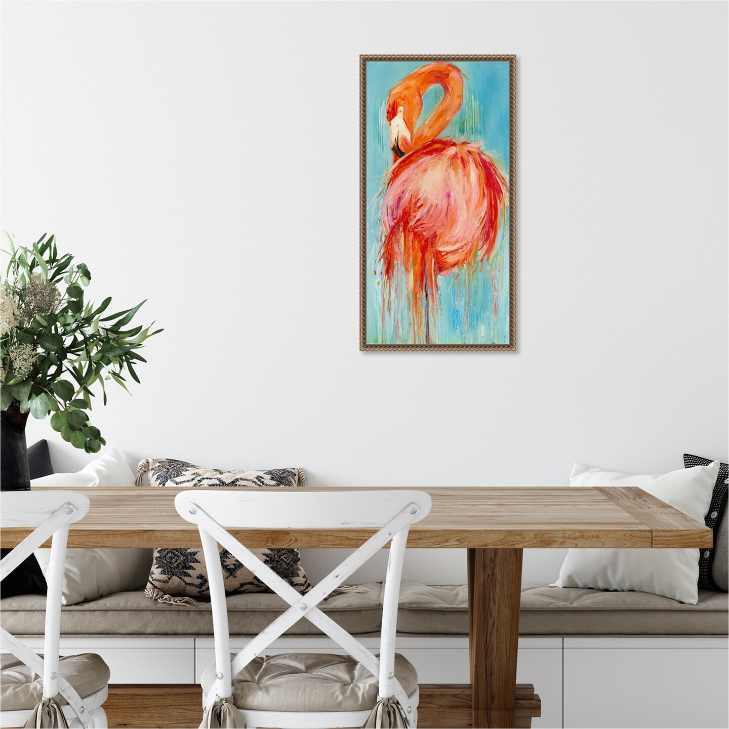 Flamingo Pose by Kathleen Broaderick 14-in. W x 27-in. H. Canvas Wall Art Print Framed in Bronze