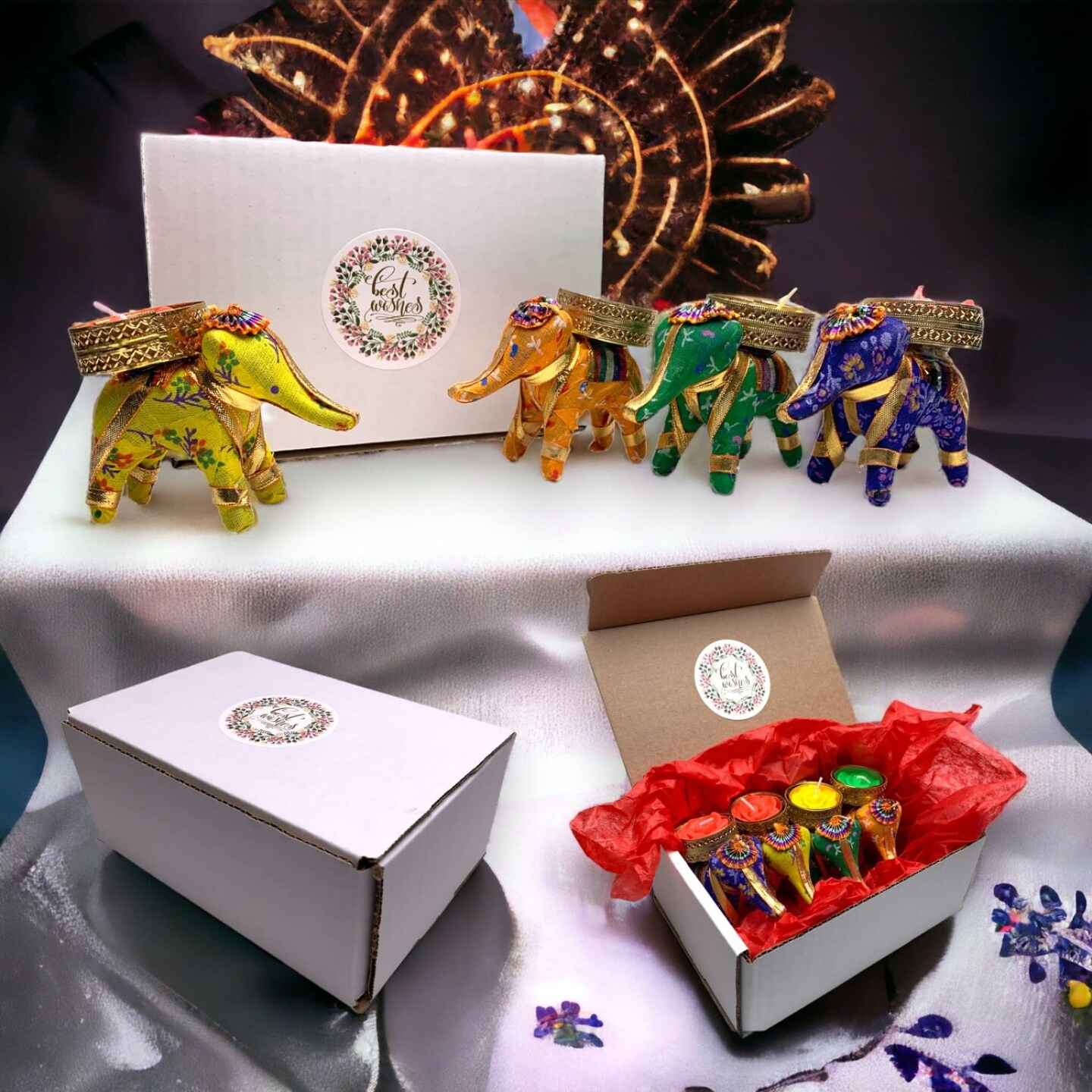 Diwali Gift Hamper Elephant Tealight Candle Holder Diwali Gift Boxes Indian Festival Best Wishes Christmas Hamper Basket for Employees Home Office Friends Family & Relatives - Return Gift