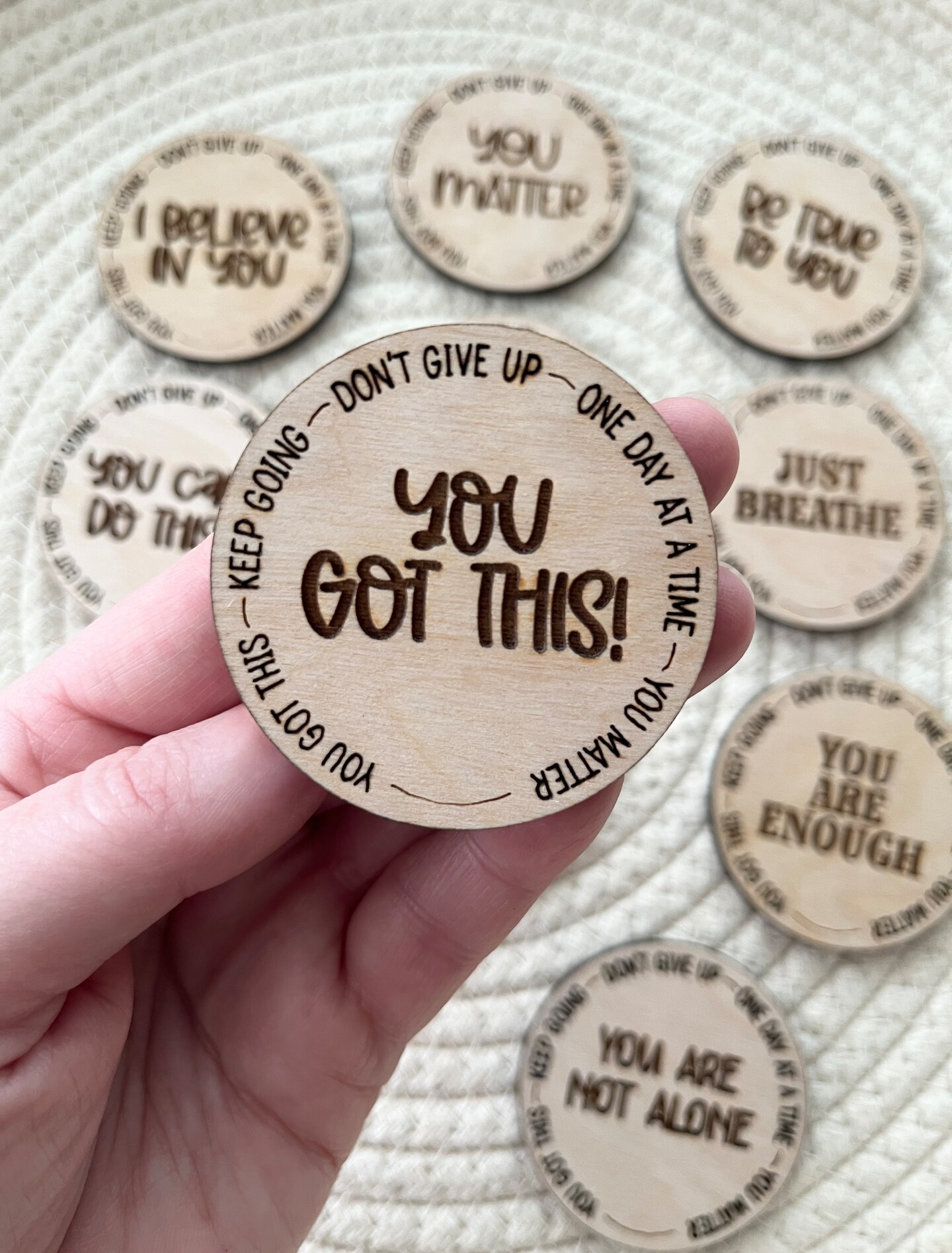 Pocket tokens with perimeter engraving, Pocket Hugs, Wooden tokens ...