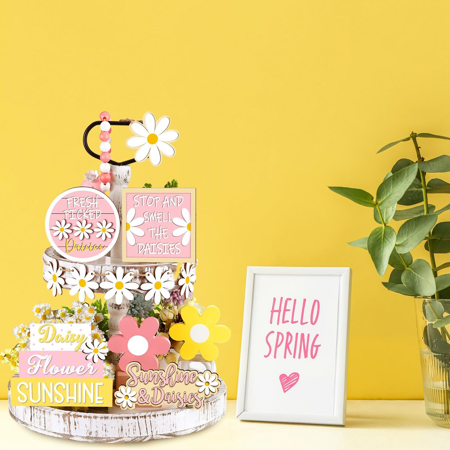 12 Pieces Valentine's Day Tiered Tray Decor Set Valentines Heart Wood Sign Gnome Truck Rustic Farmhouse Tray Signs Table Decor for Romantic Valentine's Day Home Kitchen(Daisy, 12 Pcs)