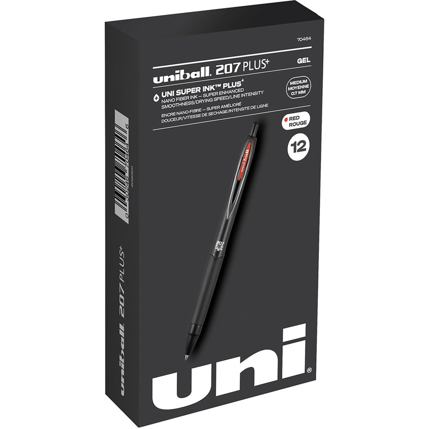 Uni-Ball 207 Plus+ Gel Pen - Medium Pen Point - 0.7 mm Pen Point Size - Retractable - Red Gel-based, Nanofiber Ink Ink - Black Metal Barrel - 12 / Dozen