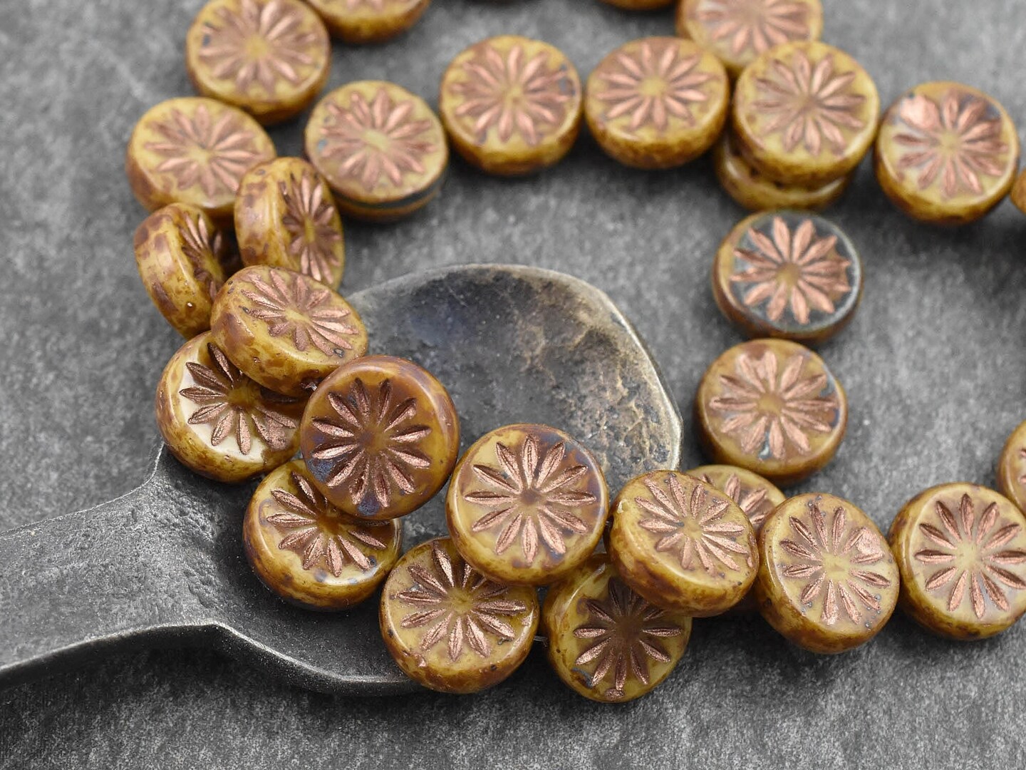 *15* 12mm Copper Washed Camel Brown Picasso  Aster Flower Coin Beads